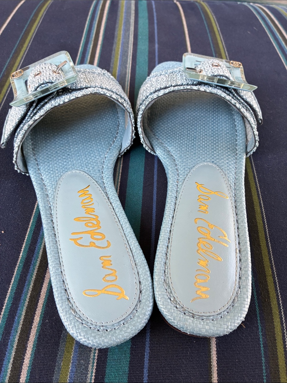 Sam Edelman Pale Blue Raffia Buckle Slide Sandals - Picture 5 of 8